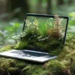 Laptop steht im Wald auf Moos, das aus dem Bildschirm herauswächst – Symbol für den organischen Website-Prozess