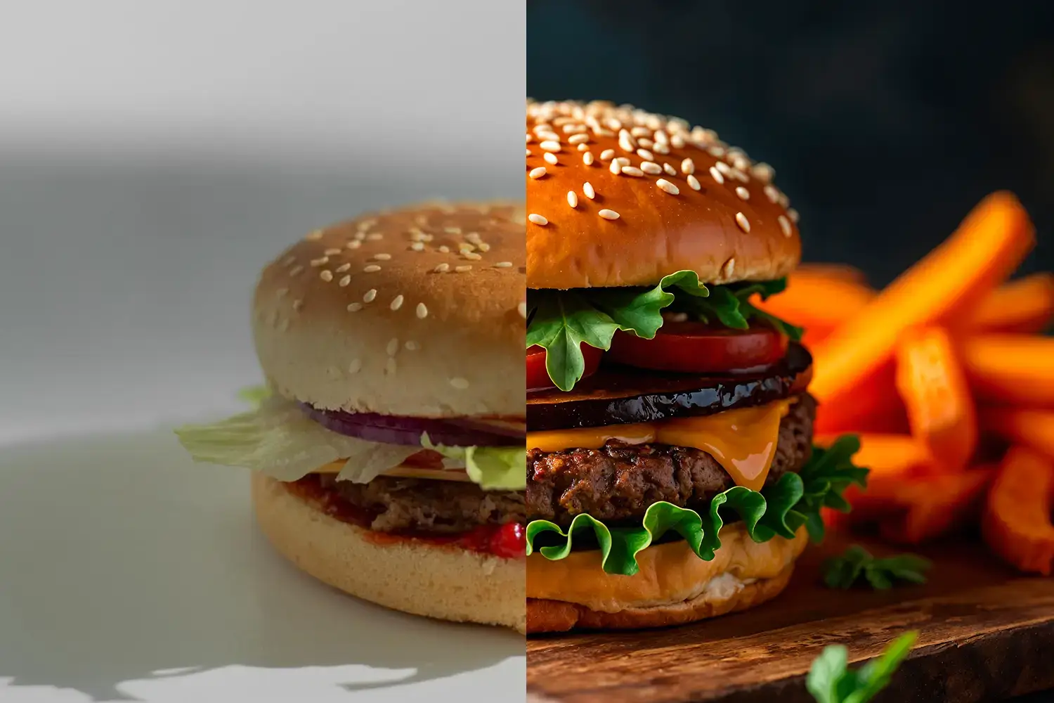 Burger im Vergleich: links Fast-Food-Burger, rechts hochwertig angerichteter Fine-Dining-Burger