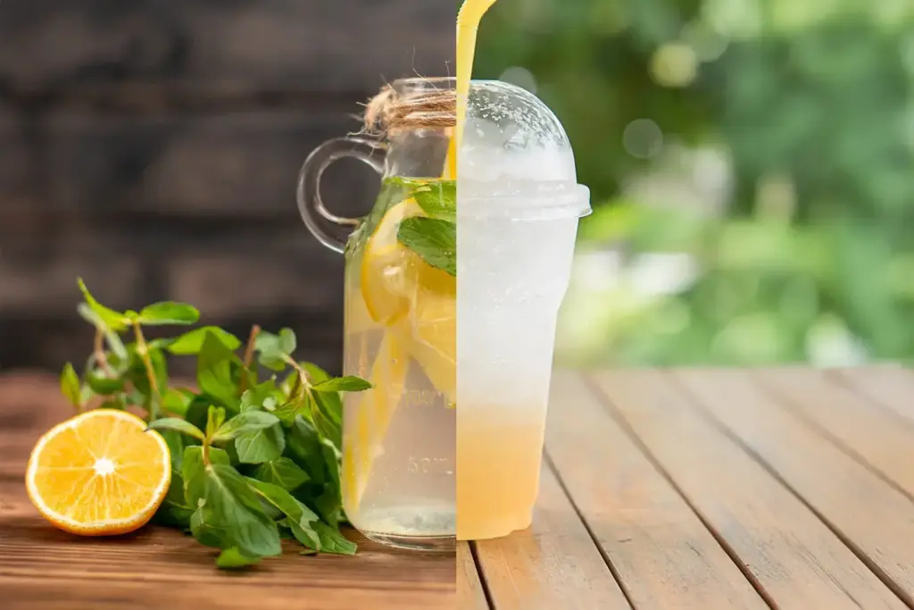 Limonade im Vergleich: rechts süßes Fast-Food-Getränk, links frisch zubereitete Limonade im Fine-Dining-Stil