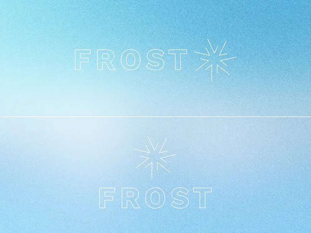 Das Logo "Frost" in zwei Varianten auf einem Hintergrund mit blauem Verlauf