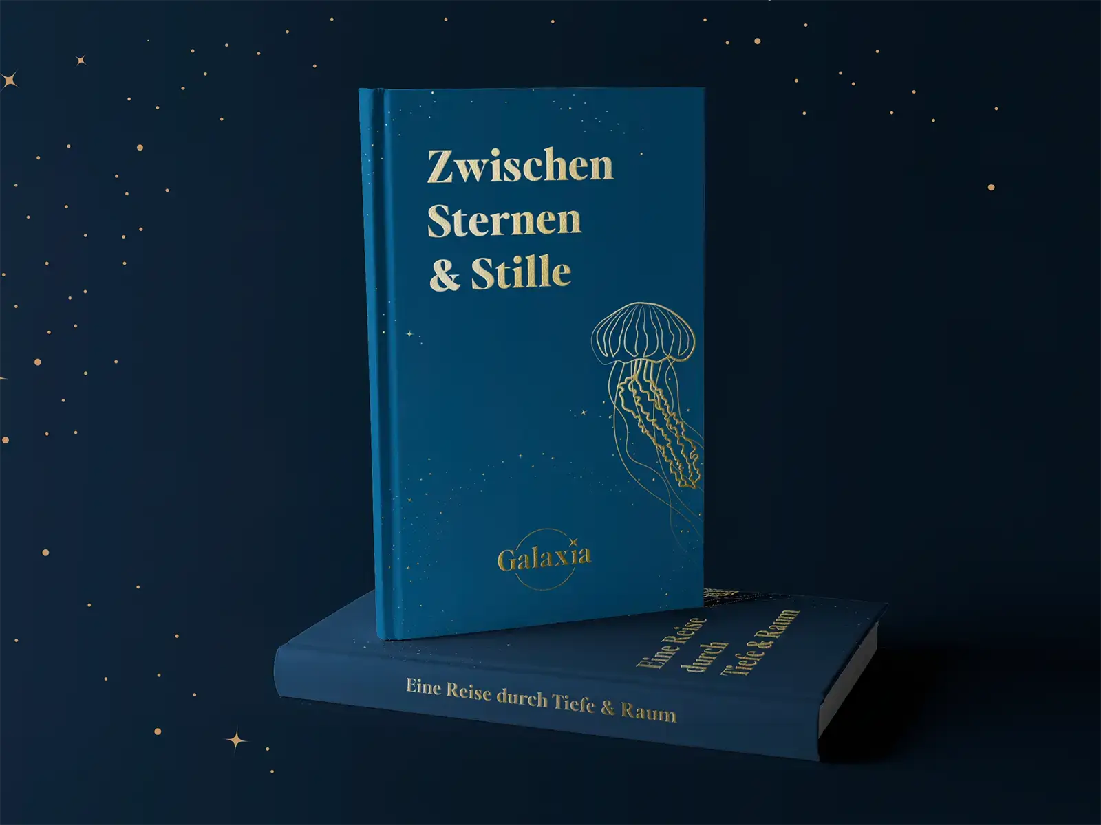 dunkelblaues Buchcover-Design mit Galaxien
