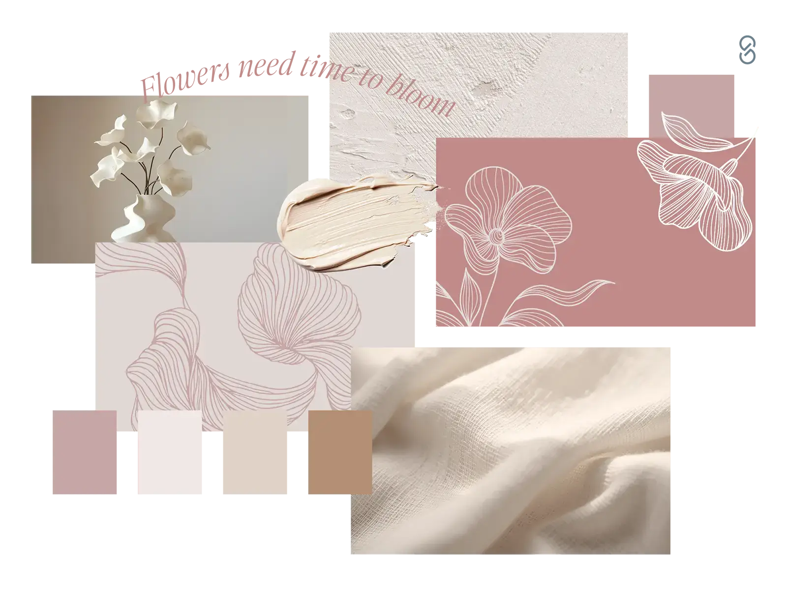 Design-Moodboard in rose-beige mit Illustrationen