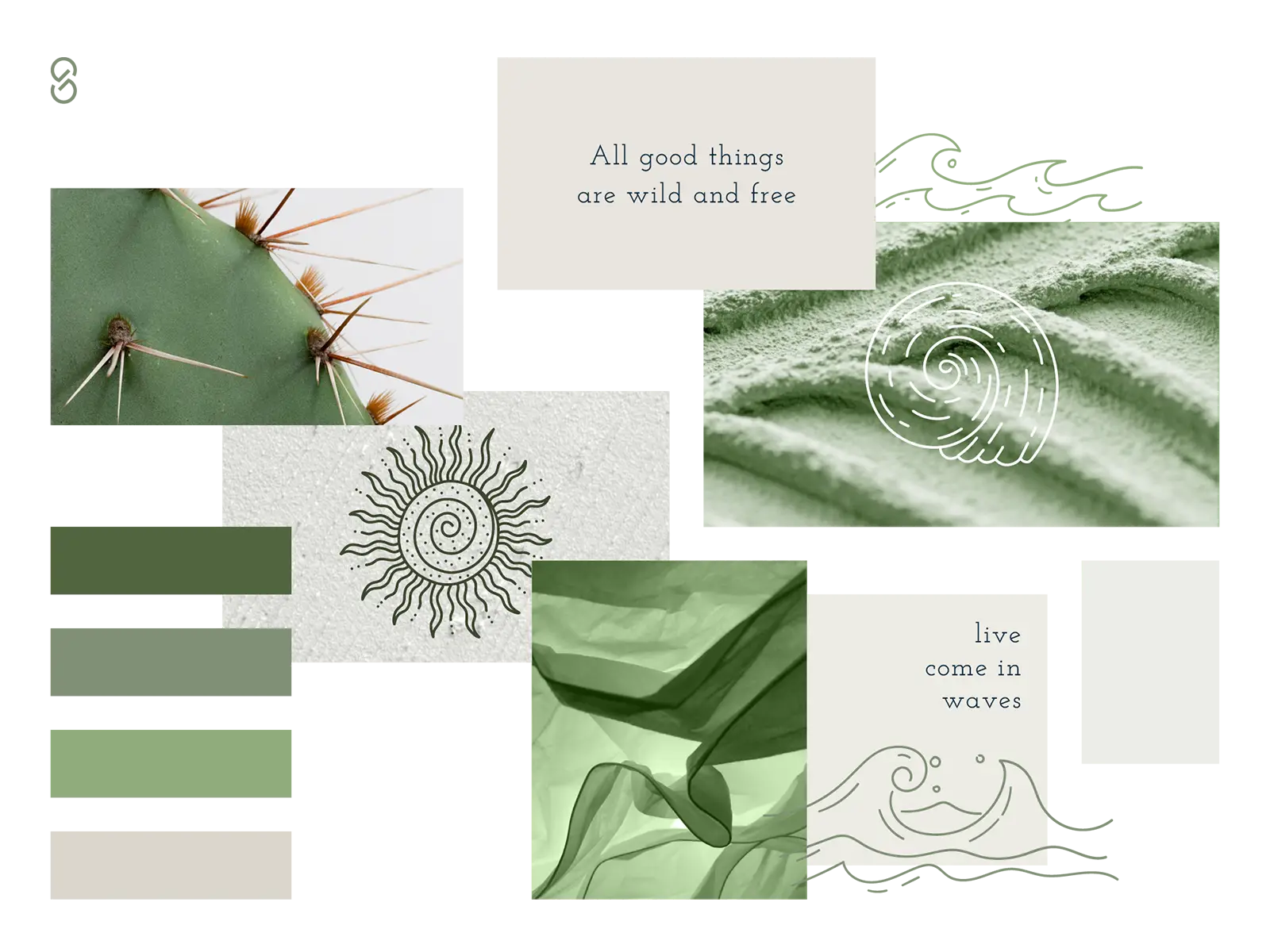 Design-Moodboard in grün-beige mit Illustrationen