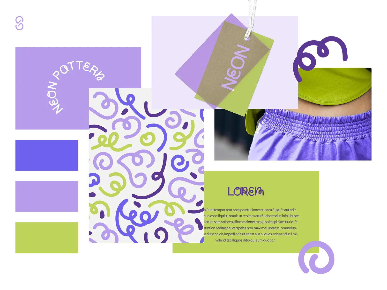 knalliges Design-Moodboard in grün-lila