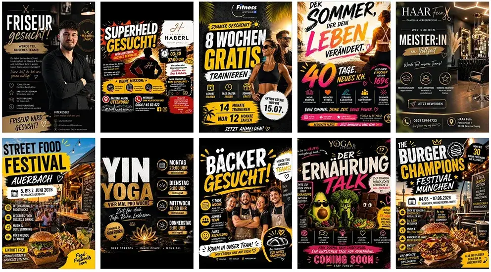 Übersicht über verschiedene Plakate, die von KI erstellt wurden